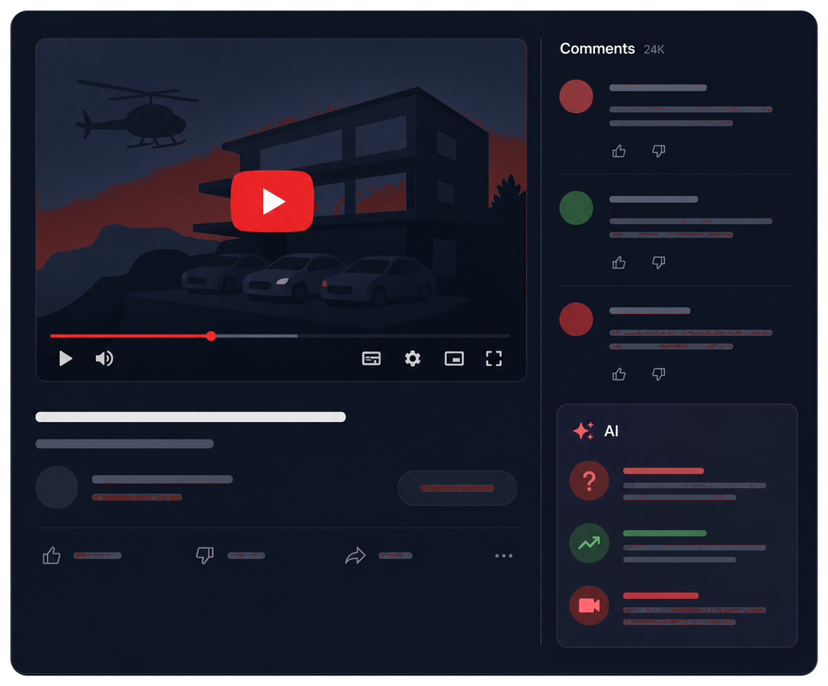 Минималистичный интерфейс YouTube-видео, комментариев и AI-анализа